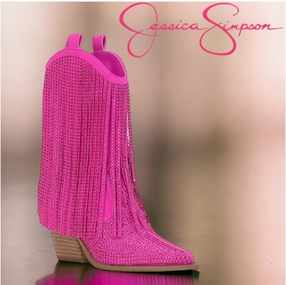 Jessica Simpson Paredisa Rhinestone Fringe Cowboy Booties Pink Nwot Size 6.5